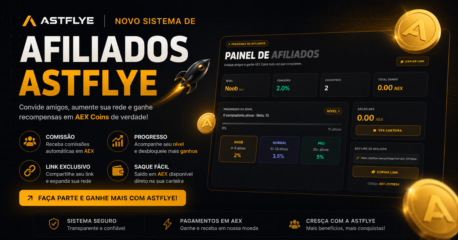 Programa de Afiliados AstFlye Enterprise — Ganhe AEX Coins por indicação